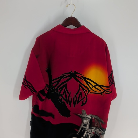 Dragonfly Bike Graphic Print‎ Short Sleeve Classic Button Up Shirt Red Size XL - Picture 11 of 11